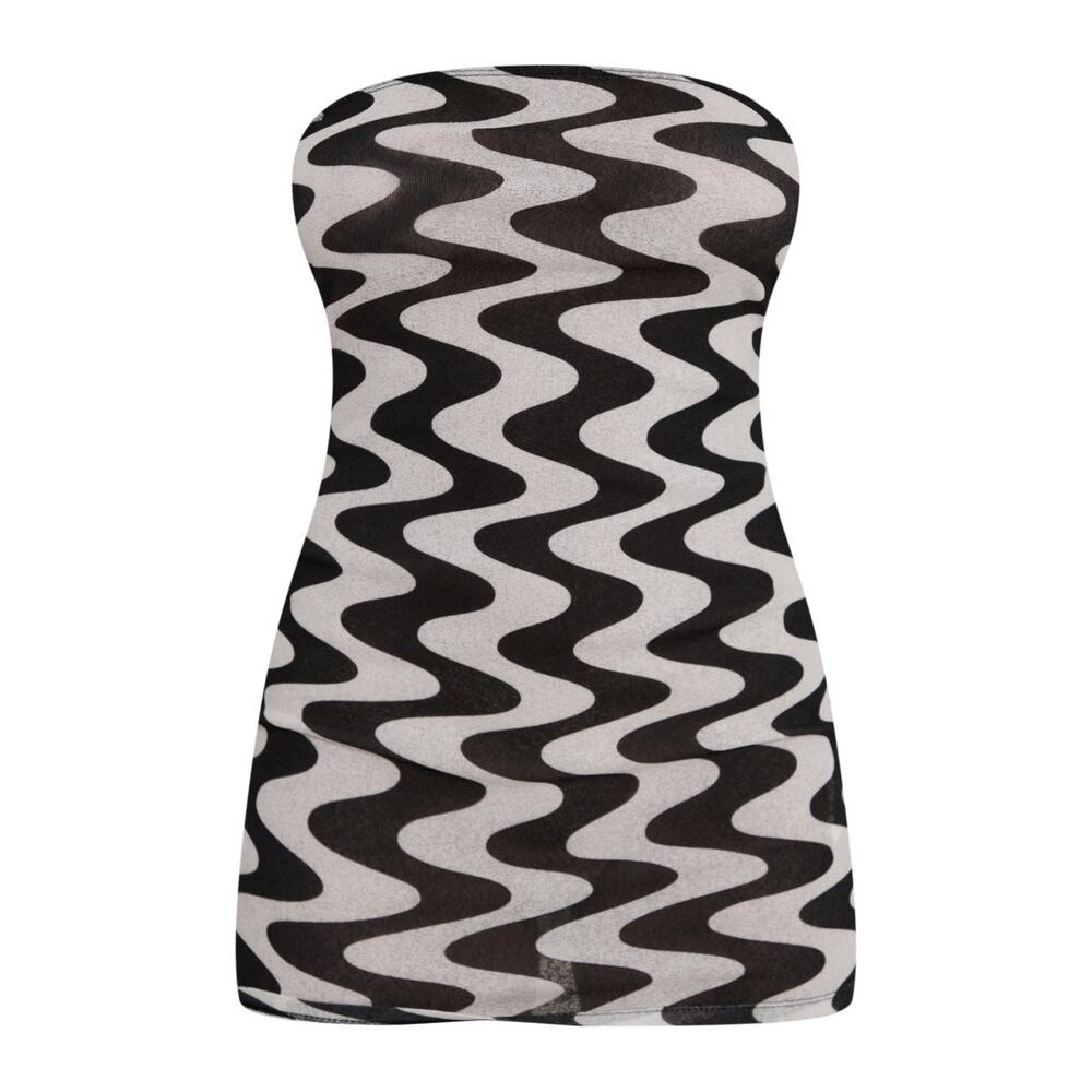 PrettyLittleThing black white monochrome textured wavy abstract print tube dress